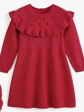 Girls Knit Ruffle Sweater Dress in Red